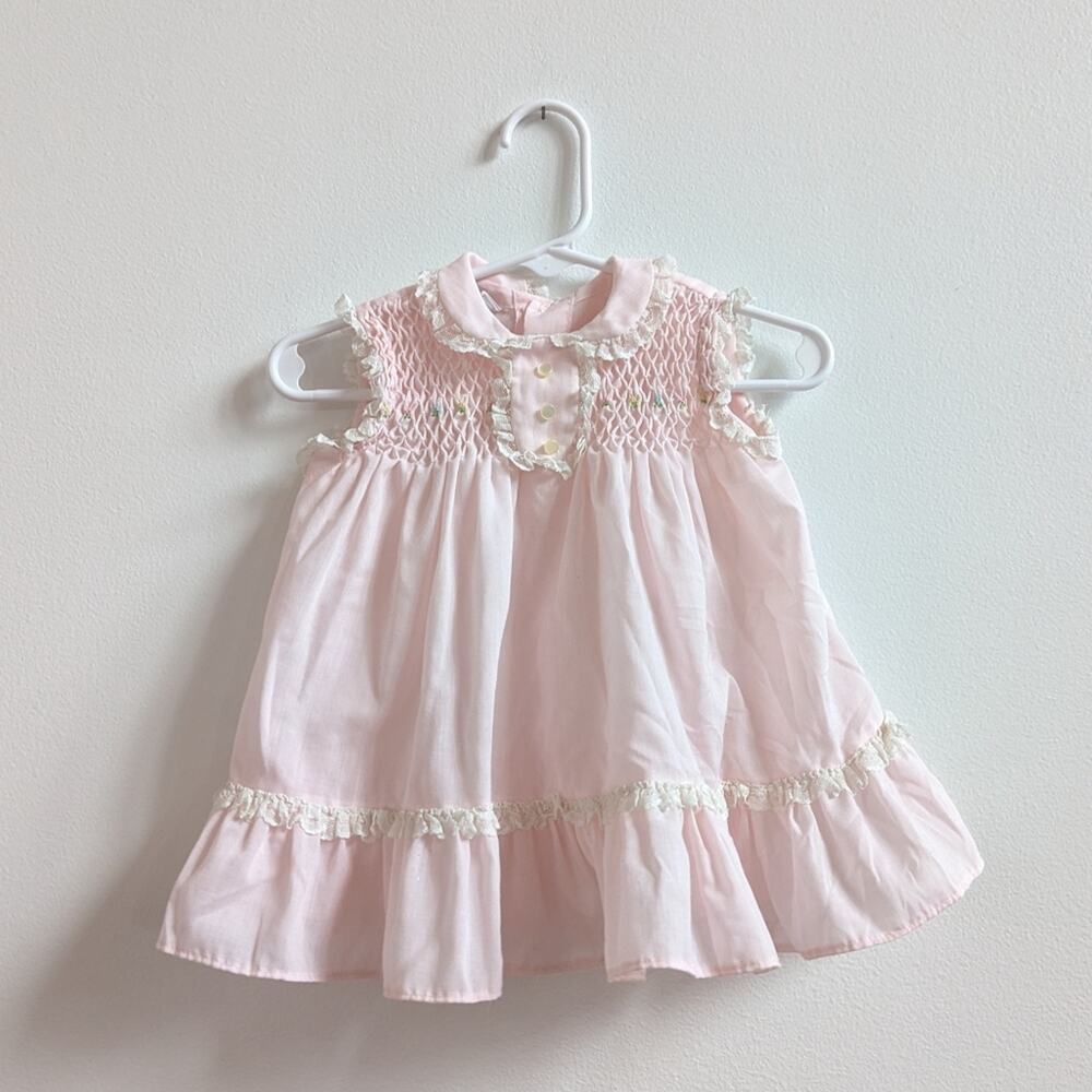Vtg Polly Flinders 6-9m Pink Smocked Sundress Summer